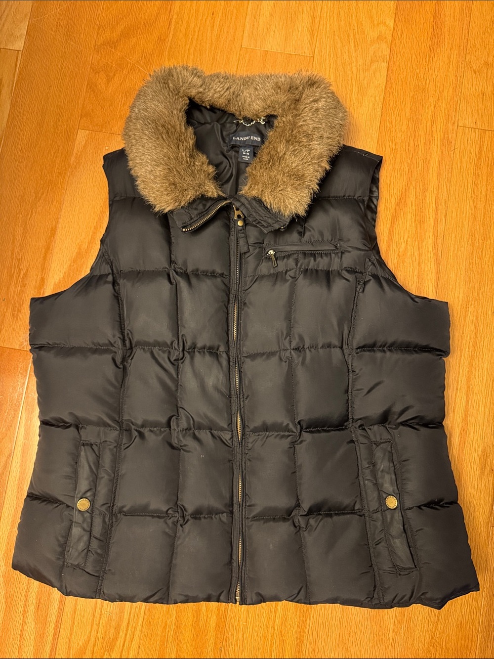 Lands' End Black Quilted Puffer Vest with Faux-Fur Brown Collar